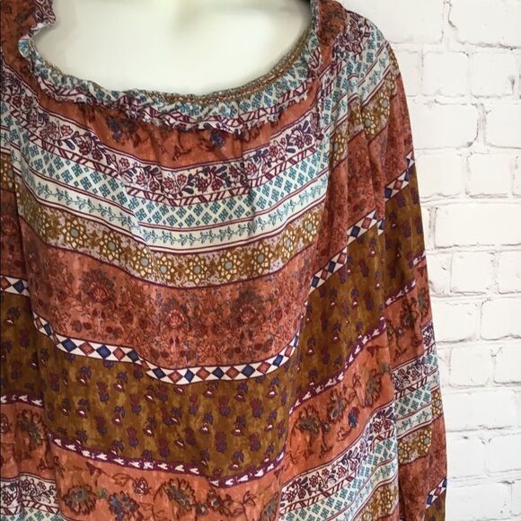 Beach lunch lounge Off Shoulder Rust Print Blouse Boho - Picture 5 of 10